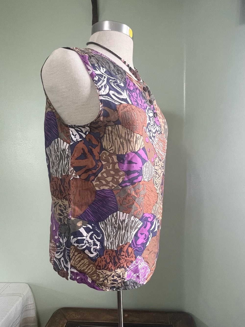 SilkLand Vintage 100% Pure Silk Women’s Patchwork Print Sleeveless Top Medium - Picture 3 of 9